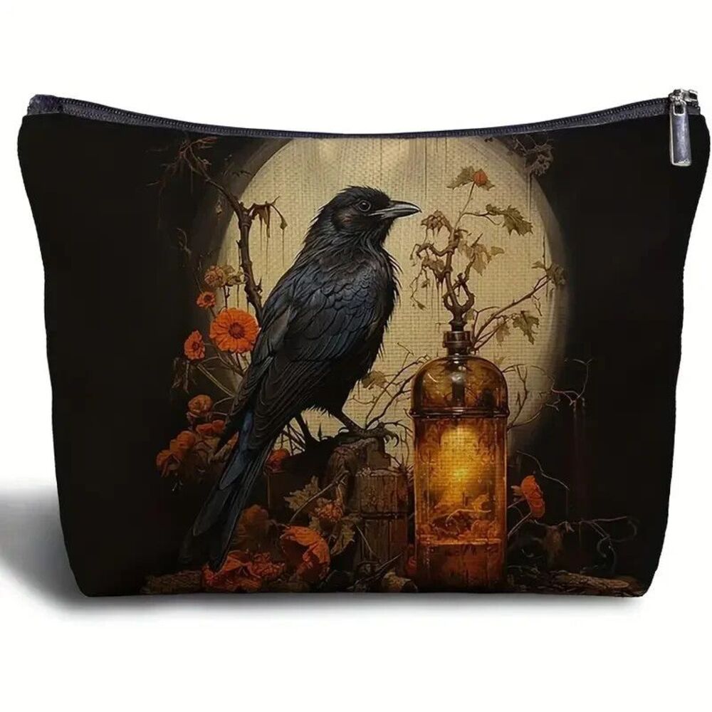 Gothic Black Raven Cosmetic Makeup Bag Large Capacity Zip Close New